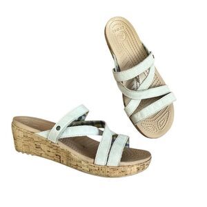 Crocs A-Leigh Mini Leather Wedge Sandals Beige Tan Cream Women’s Size 6